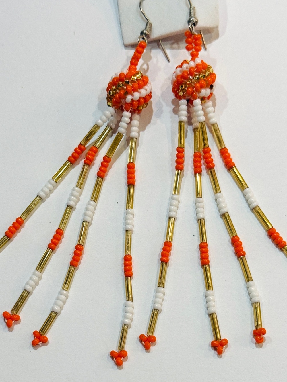 Handmade Orange, White & Gold Beaded Fringe Earrings